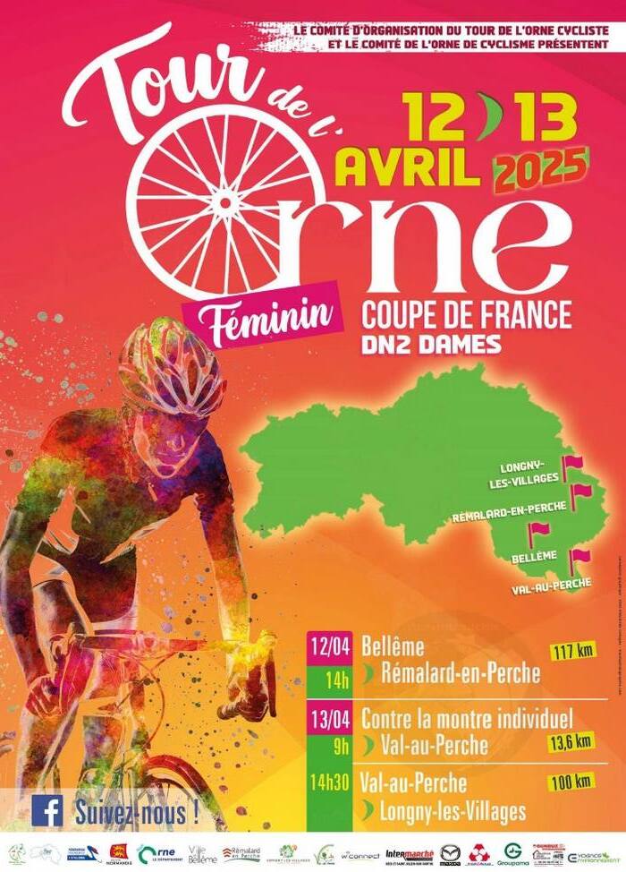 Affiche du Tour de l'Orne feminin montrant une carte du département de l'Orne avec une cycliste.