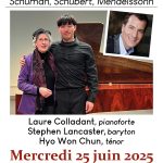Affiche du concert du 25 juin montrant Laure Colladant avec les chanteurs Hyo Won Chun et Stephen Lancaster.
