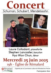 Affiche du concert du 25 juin montrant Laure Colladant avec les chanteurs Hyo Won Chun et Stephen Lancaster.