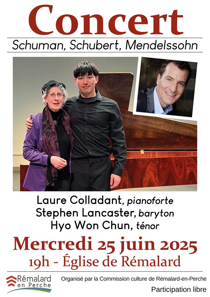 Affiche du concert du 25 juin montrant Laure Colladant avec les chanteurs Hyo Won Chun et Stephen Lancaster.