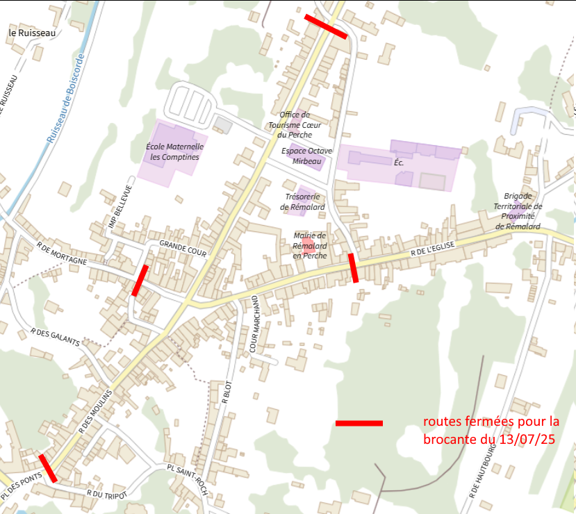 Plan de Rémalard montrant les rues fermées à la circulation lors de la brocante
