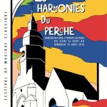 Affiche du festival Les Harmonies montrant l'église de Rémalard sur fond multicolore
