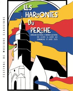 Affiche du festival Les Harmonies montrant l'église de Rémalard sur fond multicolore