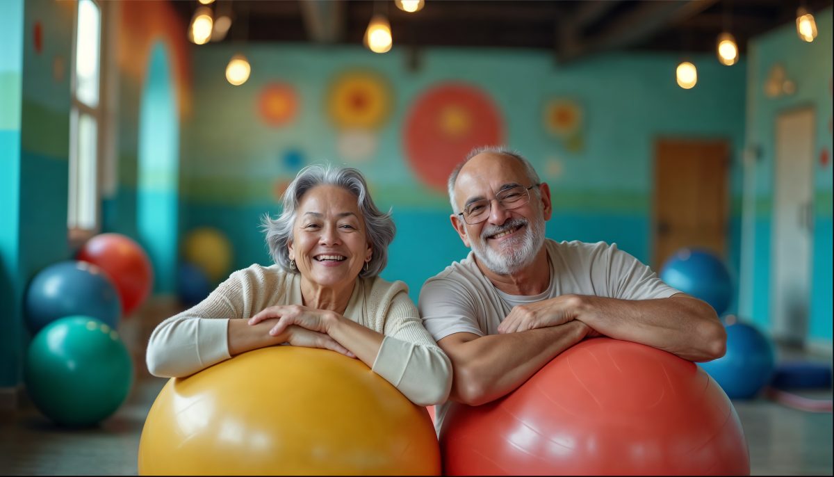 Image montrant un homme et une femme appuyés sur des ballons de des ballons.