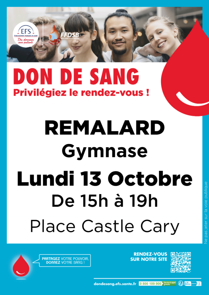 Affiche pour le don du sang indiquant la date du lundi 13 octobre