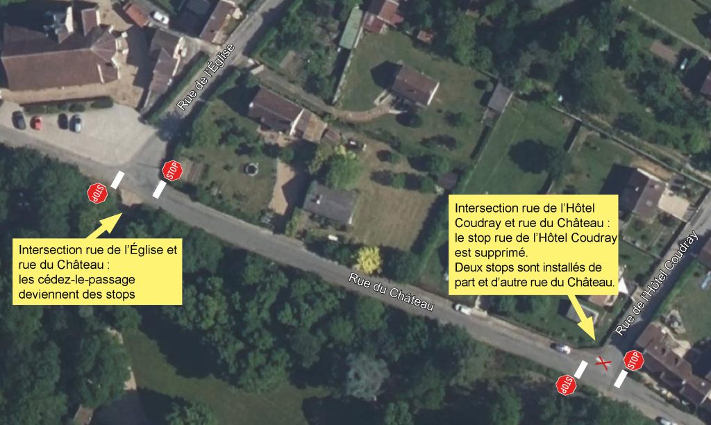 Plan de la rue du Château à Dorceau indiquant la position des nouveaux stops aux croisement de la rue de l'Eglise et de la rue de l'Hôtel Coudray