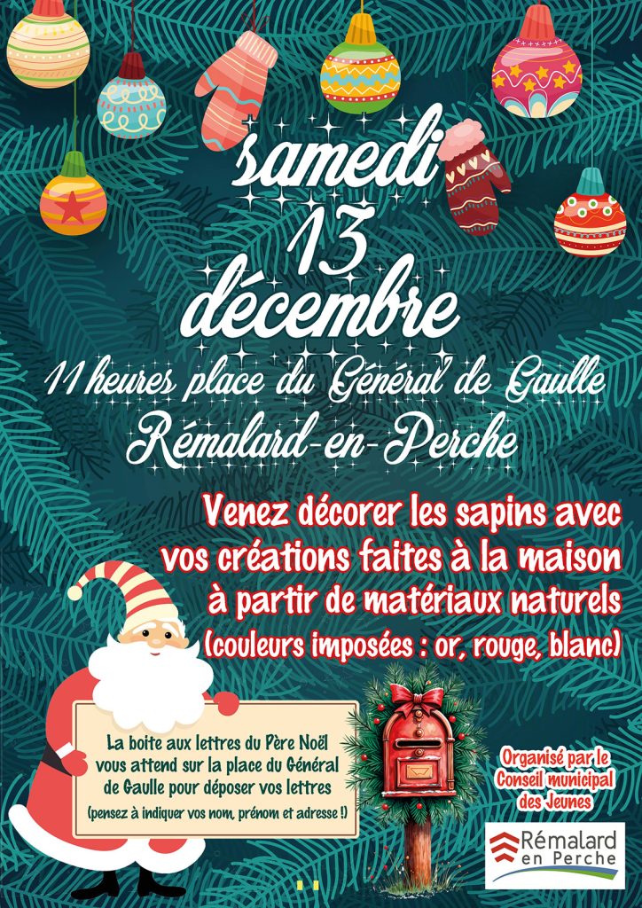 Affiche de l'animation du conseil municipal des jeunes : décorons tous ensemble les sapins de Noël