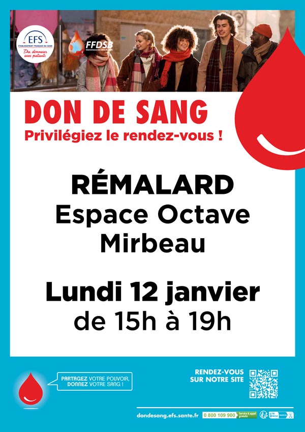 Affiche indiquant le don du sang du lundi 12 janvier