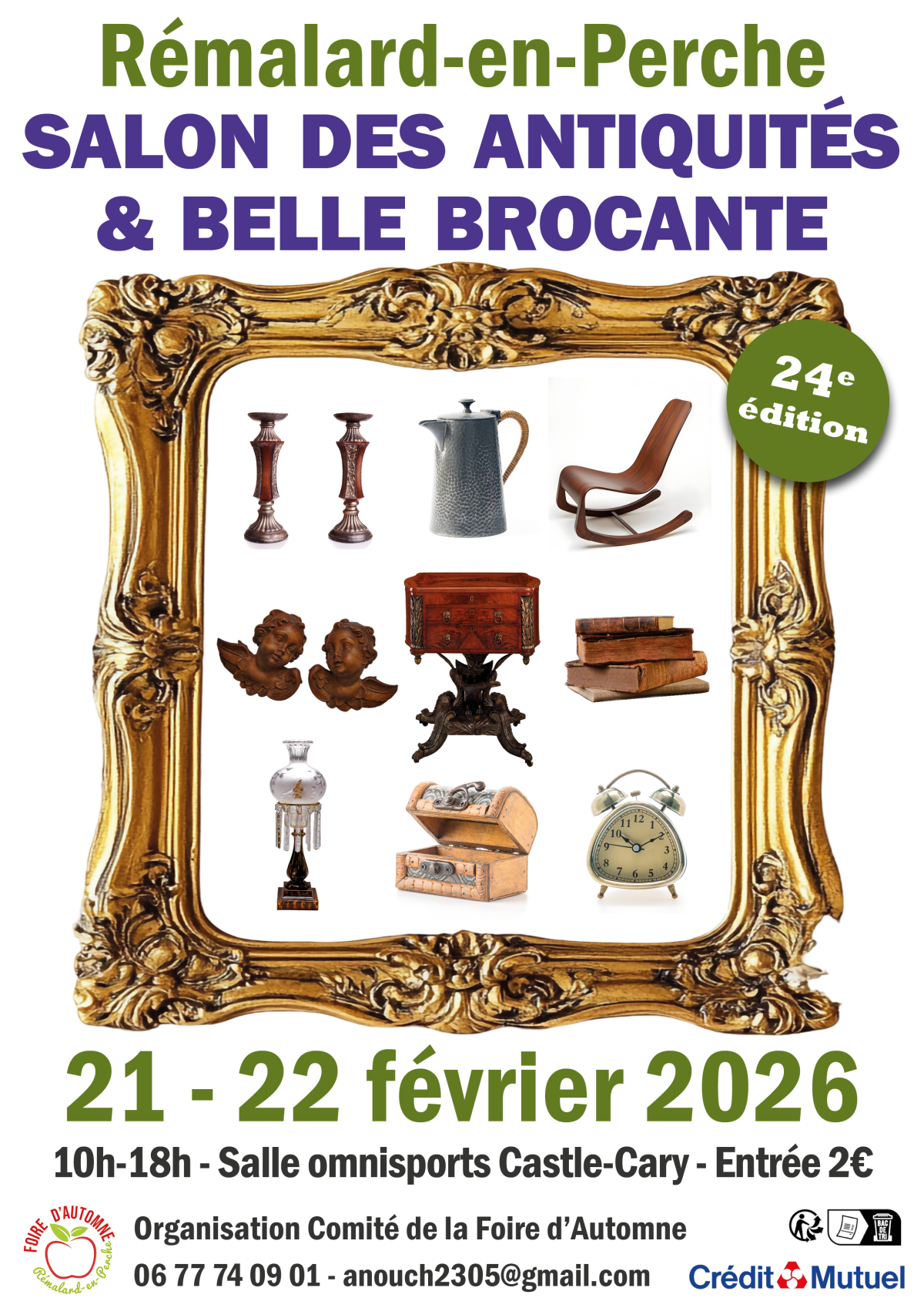 Affiche du salon 2026 montrant plusieurs objets de brocante comme des livres, des meubles, des objets de décoration, dans un cadre doré.