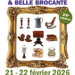 Affiche du salon 2026 montrant plusieurs objets de brocante comme des livres, des meubles, des objets de décoration, dans un cadre doré.