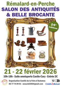 Affiche du salon 2026 montrant plusieurs objets de brocante comme des livres, des meubles, des objets de décoration, dans un cadre doré.