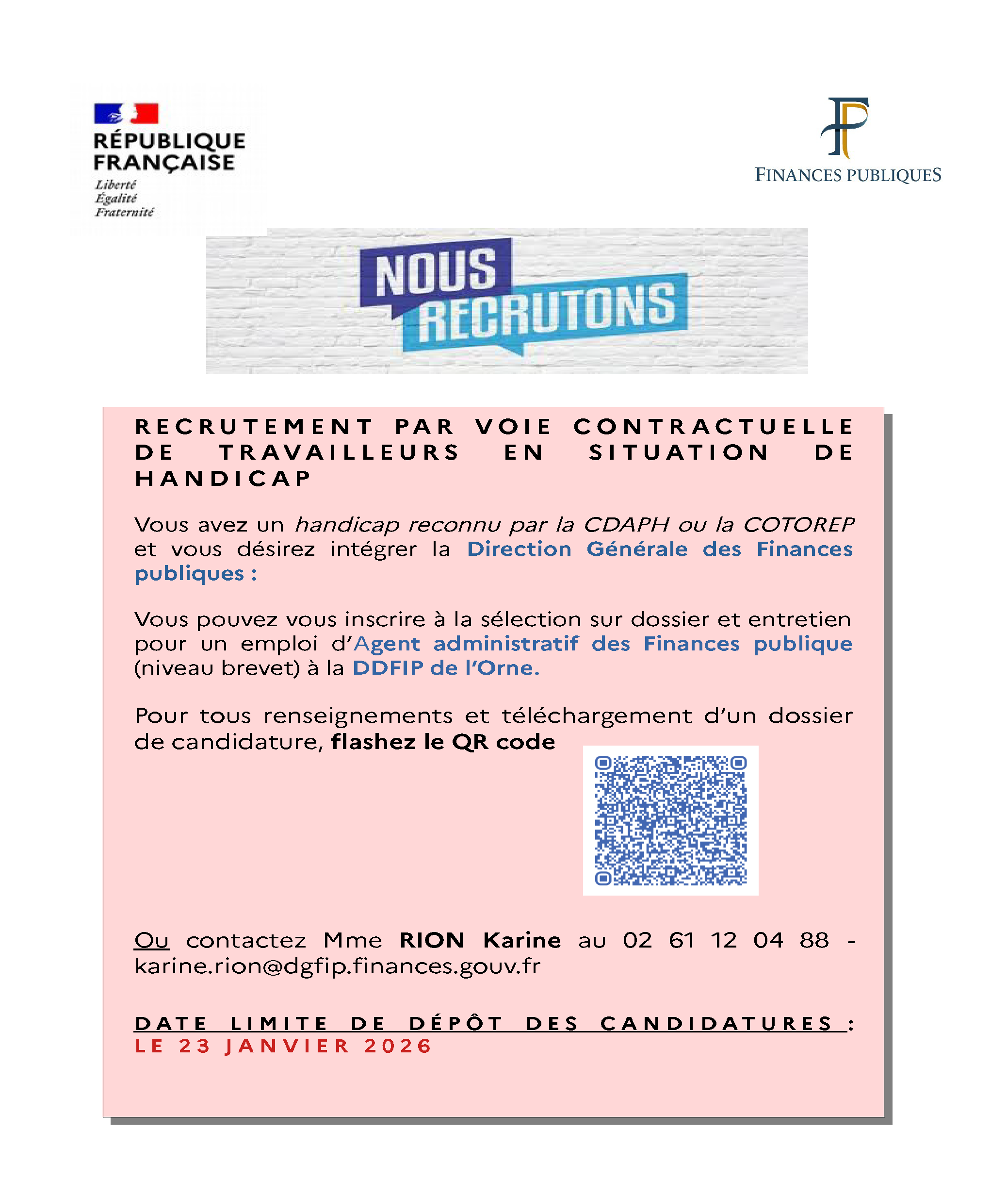 Affiche recrutement de la DDFIP reprenant le texte indiqué dans la page.