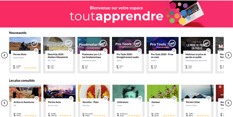 Image de la page d'accueil de Tout Apprendre montrant des exemples de tutoriels