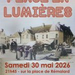Affiche de la soirée place en lumière montrant une carte postale ancienne de la place au début du 19e siècle avec un marché