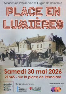 Affiche de la soirée place en lumière montrant une carte postale ancienne de la place au début du 19e siècle avec un marché