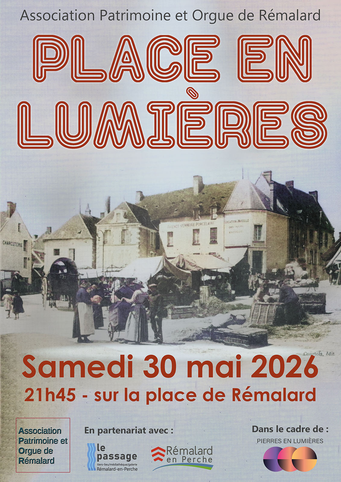 Affiche de la soirée place en lumière montrant une carte postale ancienne de la place au début du 19e siècle avec un marché