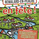 Affiche de Rémalard en fête : un dessin montre des personnages faisant la fête au bord de la rivière et sur le pont