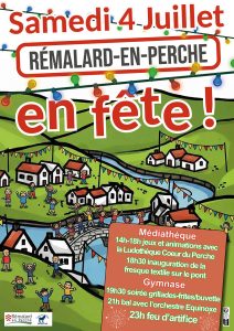 Affiche de Rémalard en fête : un dessin montre des personnages faisant la fête au bord de la rivière et sur le pont