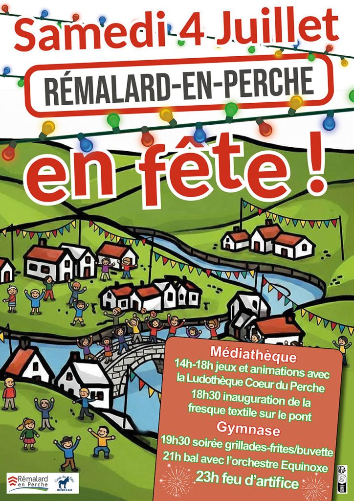 Affiche de Rémalard en fête : un dessin montre des personnages faisant la fête au bord de la rivière et sur le pont