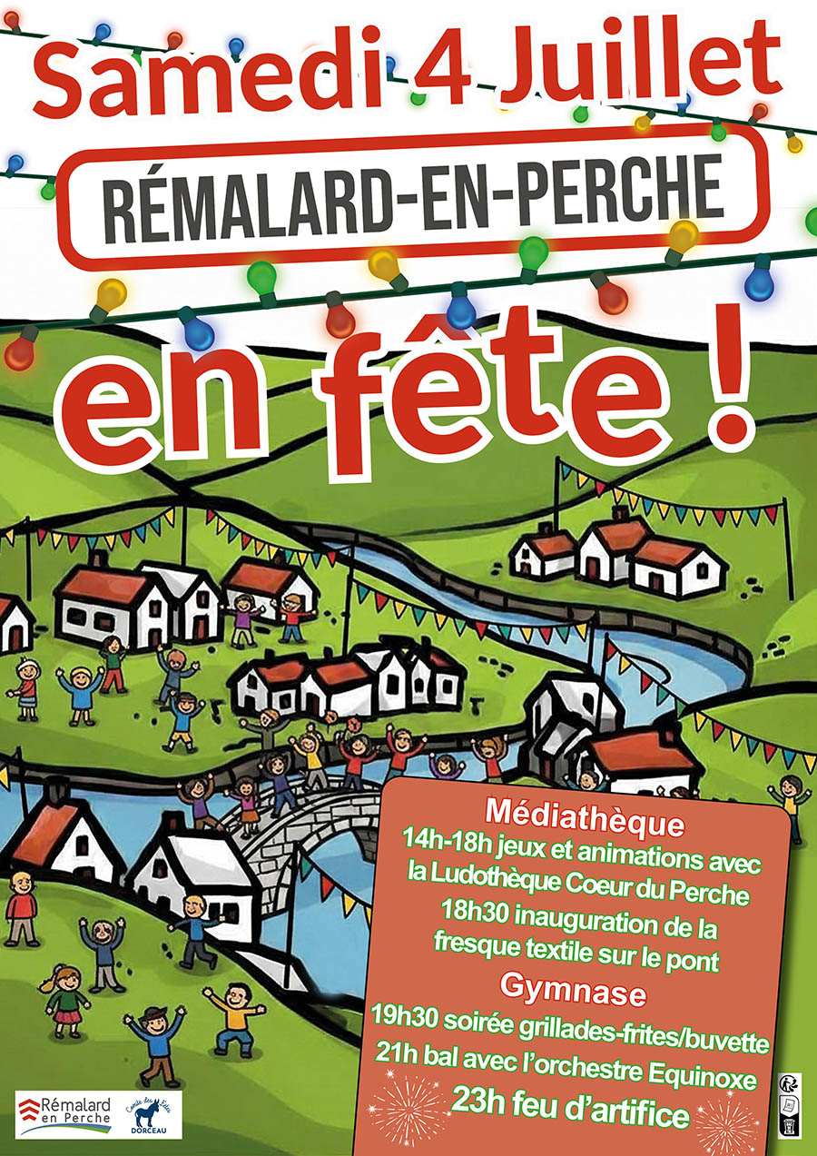 Affiche de Rémalard en fête : un dessin montre des personnages faisant la fête au bord de la rivière et sur le pont