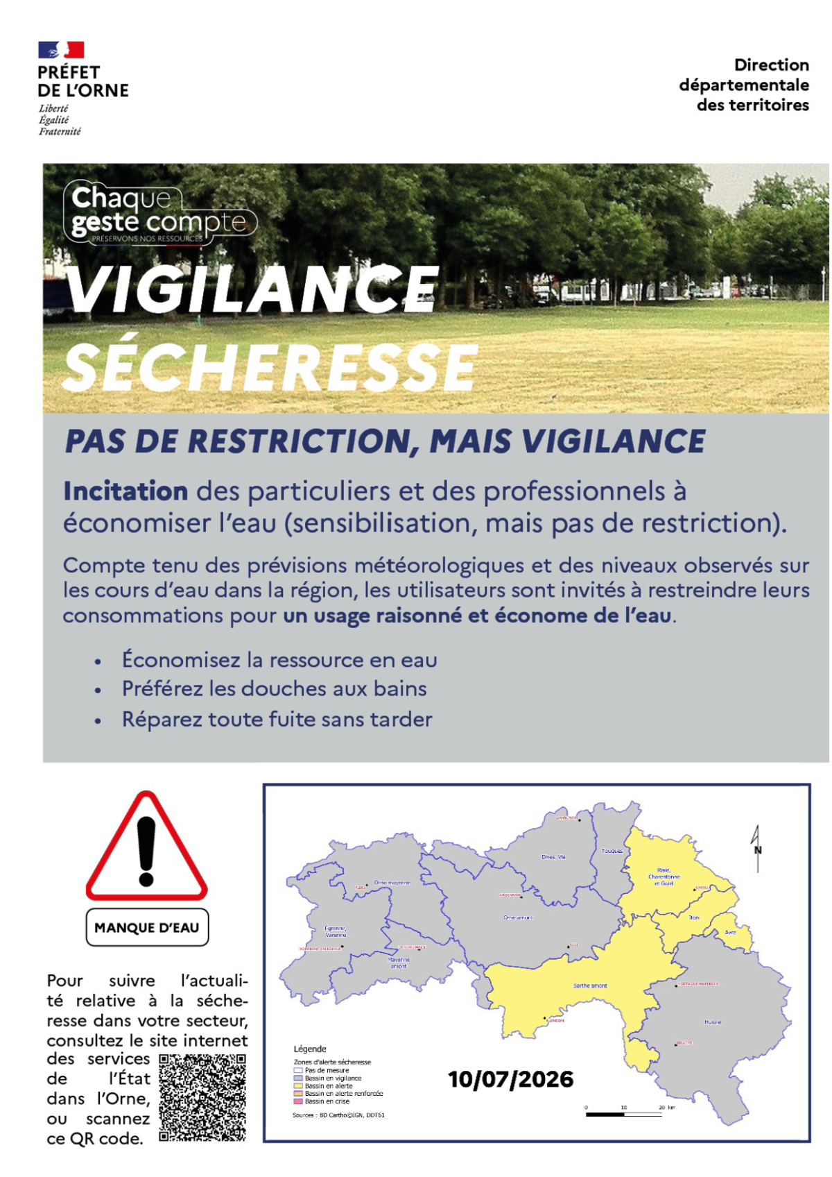 Affichage de vigilance sécheresse incitant à économiser l'eau.