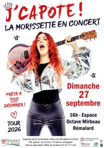 Affiche du concert J'Capote montrant la Morissette soulevant une guitare au dessus de sa tête