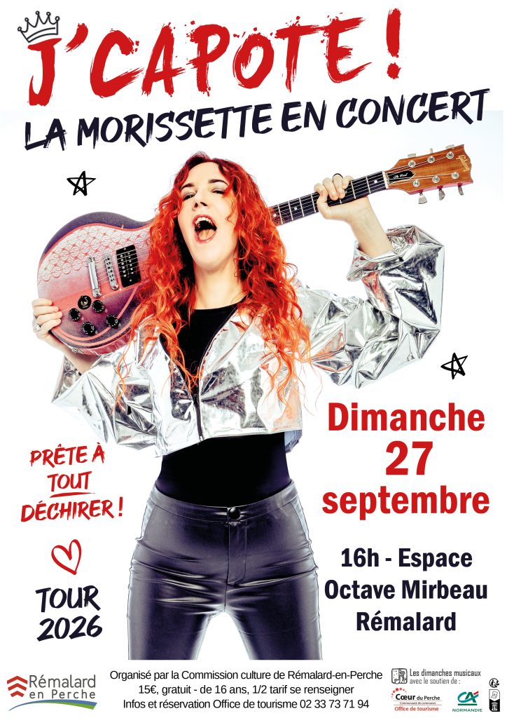 Affiche du concert J'Capote montrant la Morissette soulevant une guitare au dessus de sa tête