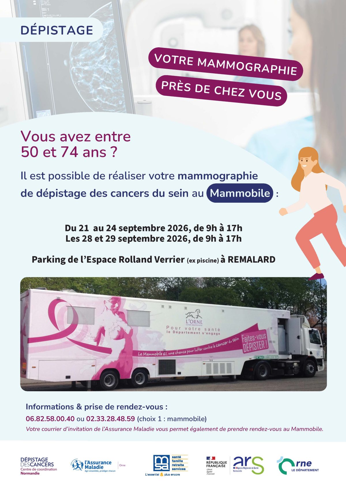 Affiche du Mammobile montrant le camion où l'on peut passer une mammographie.