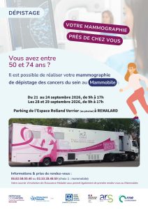 Affiche du Mammobile montrant le camion où l'on peut passer une mammographie.