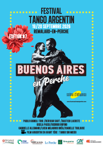Affiche du festival Buenos Aires en Perche montrant un dessin d'un couple en train de danser