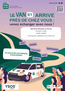 Affiche du Van Plurielles avec la date et les horaires d'accueil lundi 17 août de 8h à 12h30 sur la marché de Rémalard