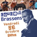 Affiche concert Brassens montrant les 4 musiciens sur scène, guitare à la main
