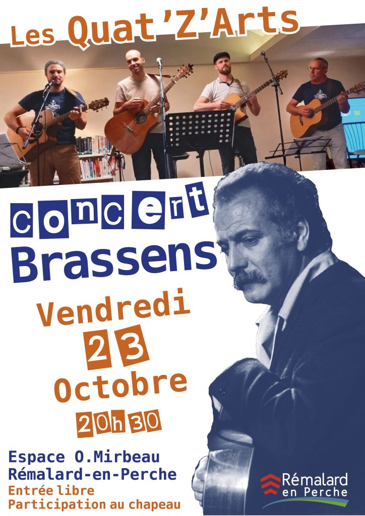 Affiche concert Brassens montrant les 4 musiciens sur scène, guitare à la main