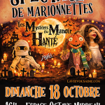 Affiche du spectacle Niko et le manoir hanté montrant les marionnettes de citrouille, momie sur fond de manoir hanté.