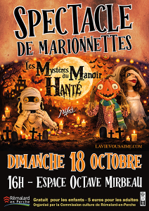 Affiche du spectacle Niko et le manoir hanté montrant les marionnettes de citrouille, momie sur fond de manoir hanté.