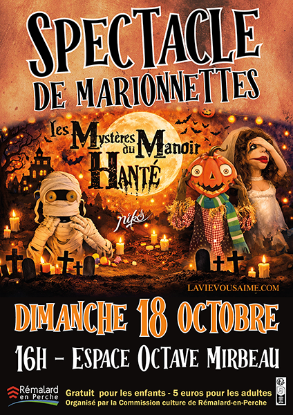 Affiche du spectacle Niko et le manoir hanté montrant les marionnettes de citrouille, momie sur fond de manoir hanté.